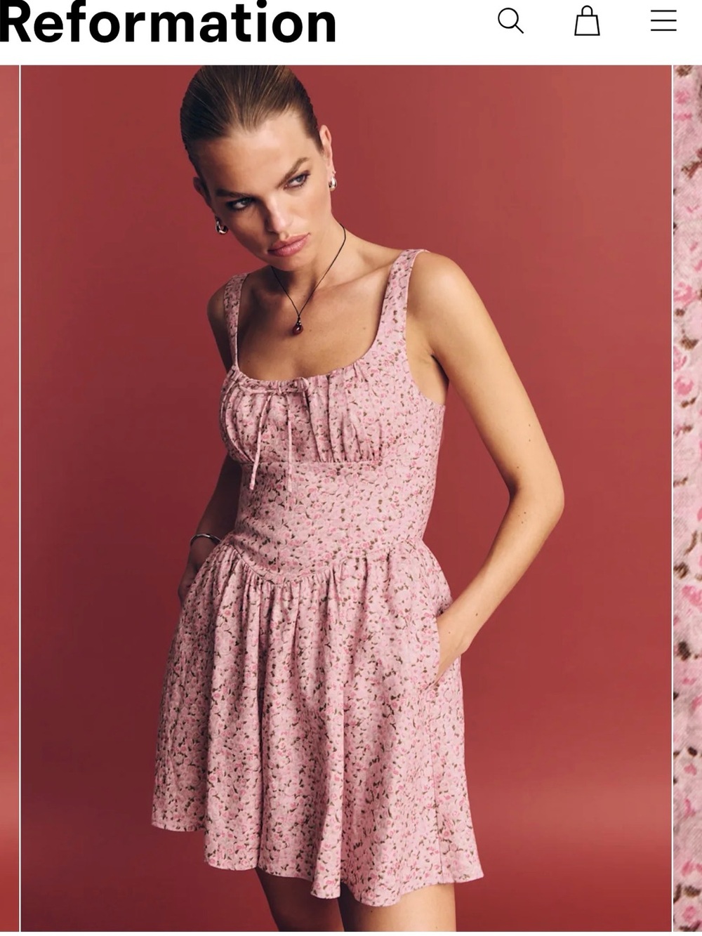 Reformation Dusty Pink Floral Square-Neck Dress